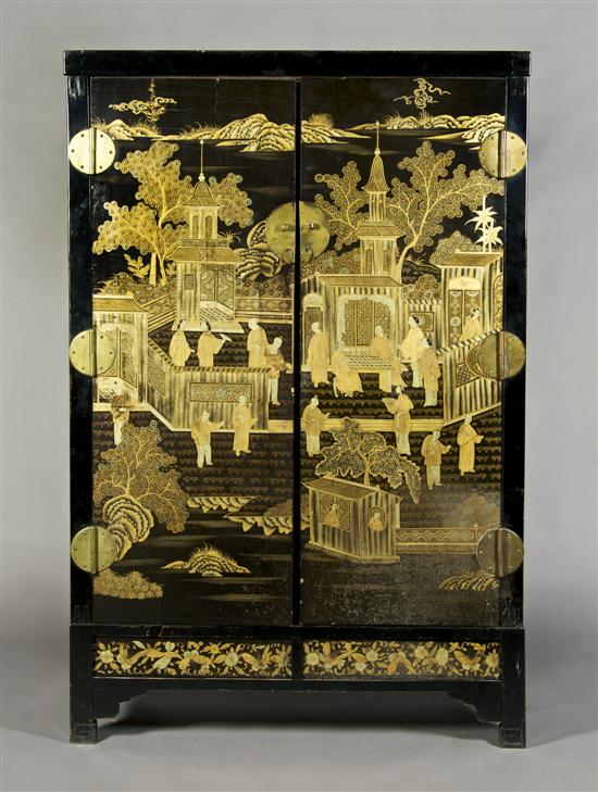 Appraisal: A Chinese Black Lacquered Cabinet on Stand Height x width