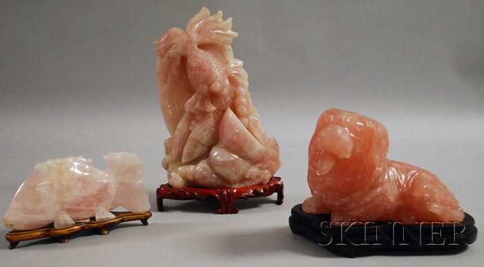 Appraisal: Three Chinese Rose Quartz Carvings a fish a Pekingese dog