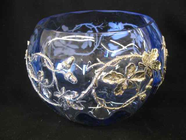 Appraisal: Art Glass Vase sapphire blue with appliedsilver acorn vine decor