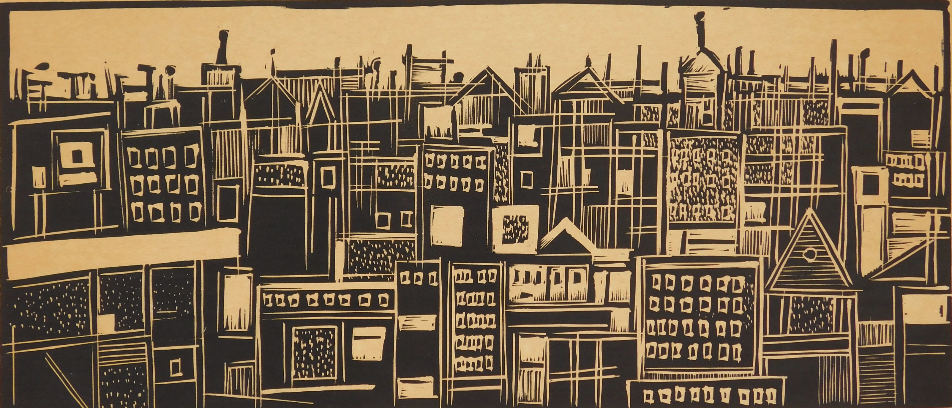 Appraisal: Henry Kallem - Fragment of Manhattan''- woodcut on brown paper