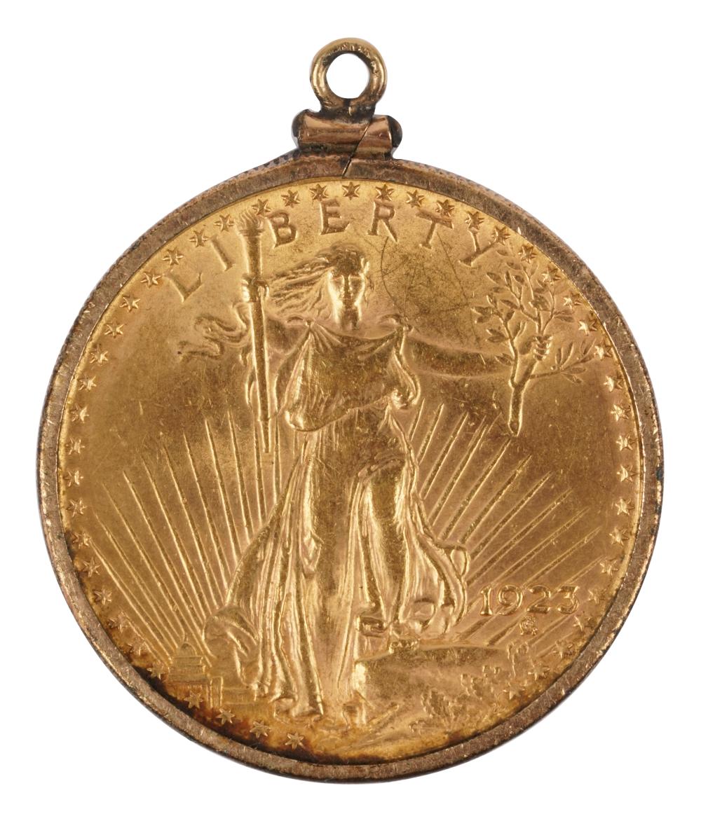 Appraisal: SAINT-GAUDENS GOLD DOUBLE EAGLE COINbezel-set in gold-plate base metal the