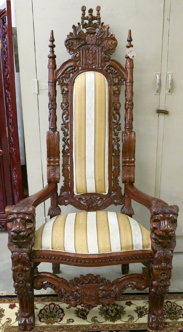 Appraisal: EXTRA LARGE CARVED MAHOGANY PALACE ARMCHAIR English Charles II style