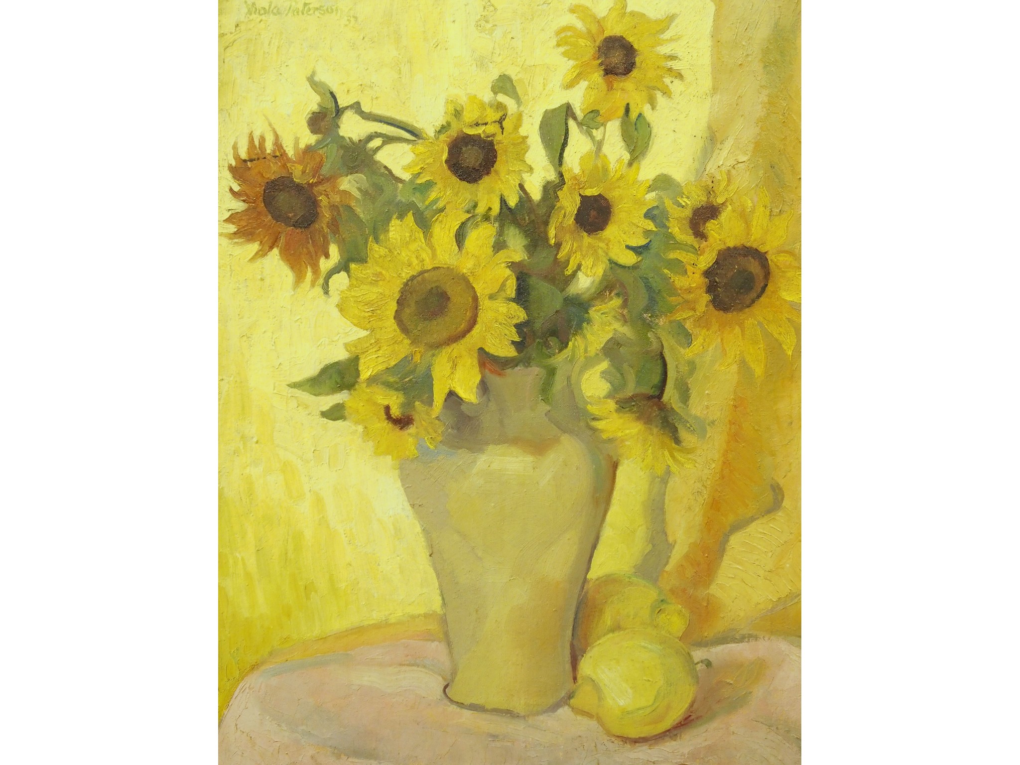 Appraisal: MARY VIOLA PATERSON Scottish - SUNFLOWERS AND LEMONSOil on canvas