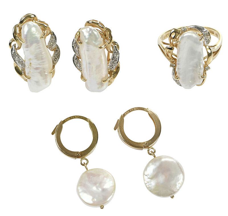 Appraisal: Three Pieces Gold and Pearl Jewelry ring one irregular shaped