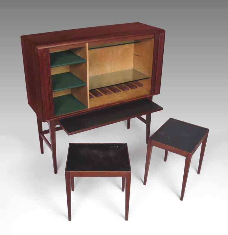 Appraisal: DANISH MODERN TEAK TAMBOUR BAR AND COCKTAIL TABLES Tambour door