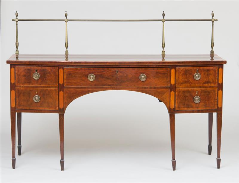 Appraisal: GEORGE III INLAID MAHOGANY BOW-FRONTED SIDEBOARD Fitted with brass backsplash