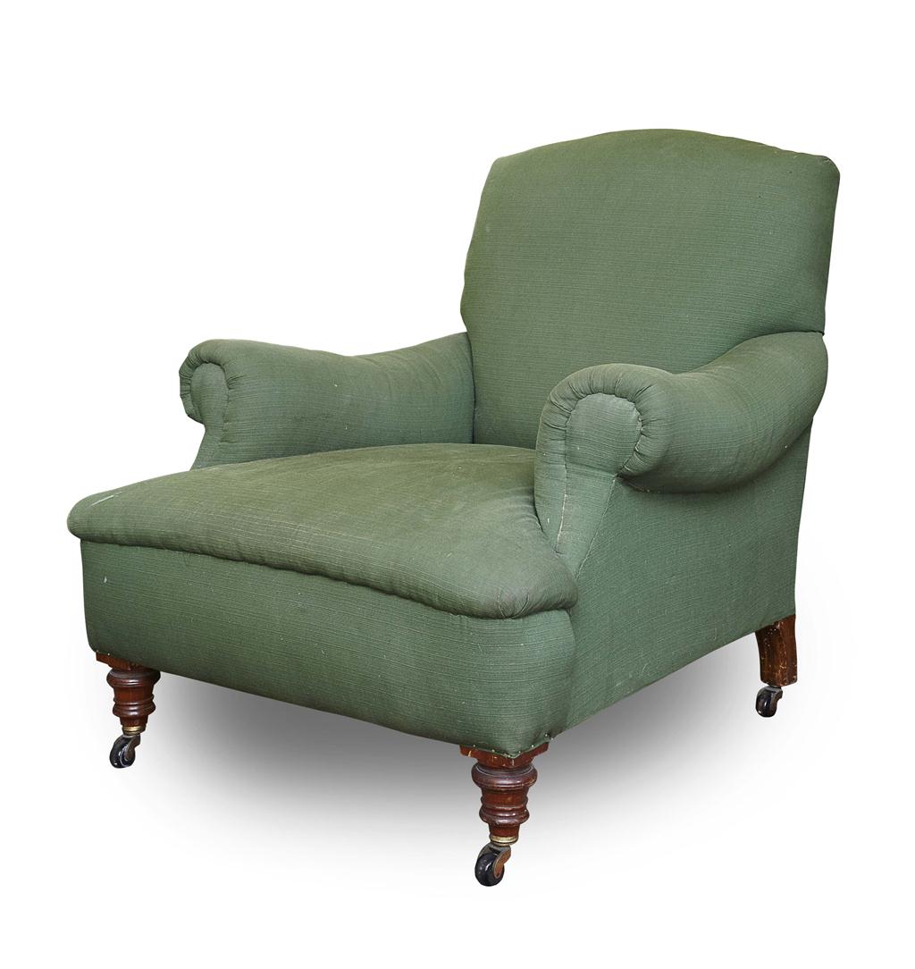 Appraisal: VICTORIAN UPHOLSTERED EASY ARMCHAIR LATE TH CENTURY with green fabric