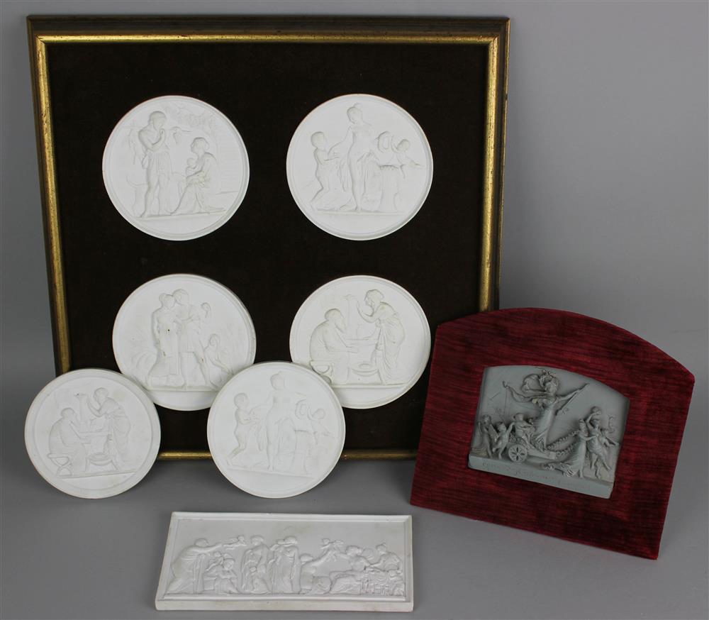 Appraisal: SEVEN BISCUIT ALLEGORICAL PLAQUES first quarter th Century including four