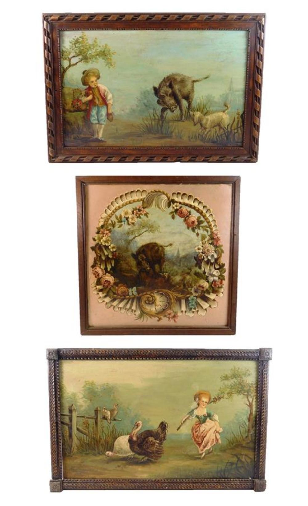 Appraisal: Three oil paintings ensuite girl with turkeys boy with boar