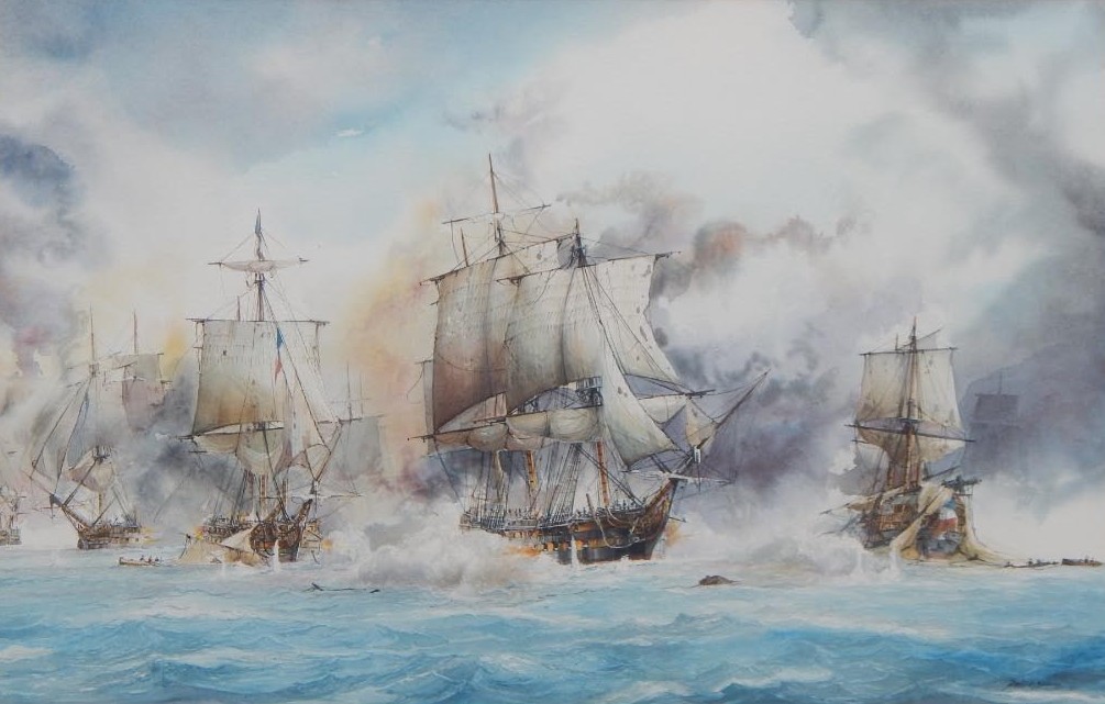 Appraisal: David C Bell b Masted ships at battle watercolour signed