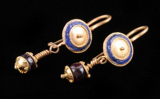 Appraisal: PAIR ROMAN YELLOW GOLD EARRINGS Circa A D Blue enameled