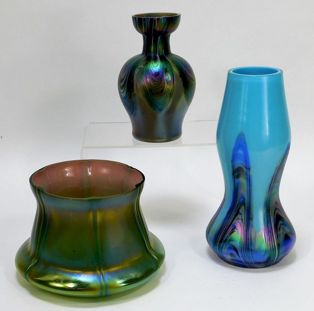 Appraisal: Iridescent Bohemian Czech Art Glass Vases Bohemia th Century Lot