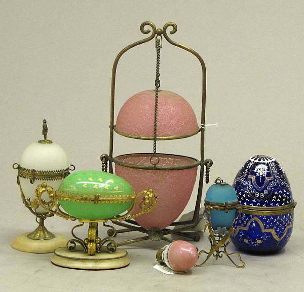 Appraisal: A group of six glass and gilt brass mounted egg