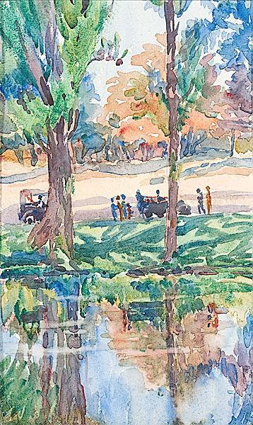 Appraisal: EMMA MENDENHALL AMERICAN - Stream Two Trees with Carwatercolor on