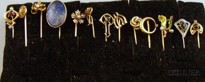 Appraisal: Thirteen Art Deco Art Nouveau and Later Stickpins several gold