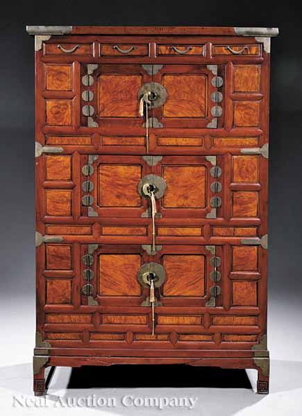 Appraisal: An Antique Korean Brass-Mounted Burled and Lacquered Hardwood Cabinet th