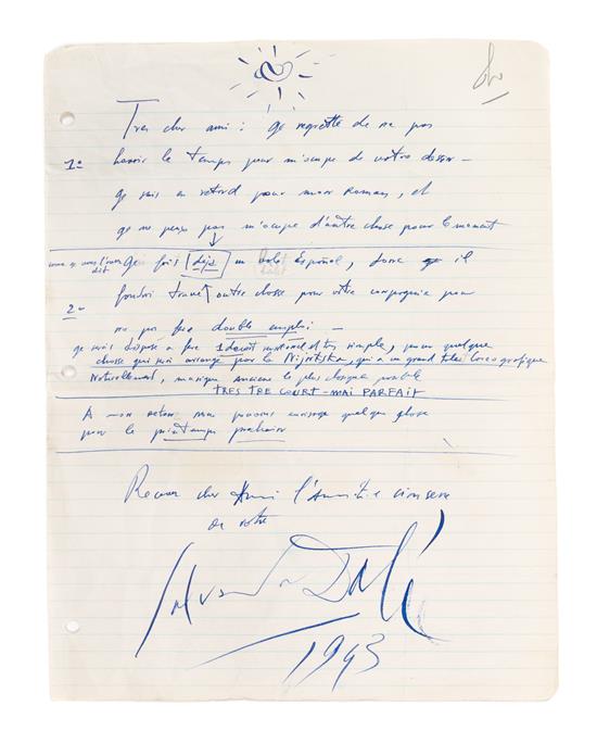 Appraisal: Sale Lot DALI SALVADOR Autographed letter signed Salvador Dali one