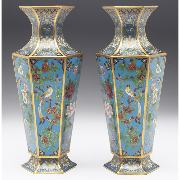 Appraisal: Japanese vases pair c cloisonne six-sided shapes colorful designs of