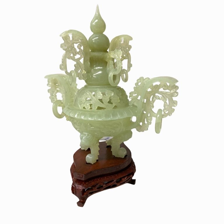 Appraisal: Chinese Jade Statue on Wooden Stand Chinese Jade Statue on