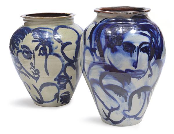 Appraisal: TWO BLUE AND WHITE GLAZED JARS BY MICHAEL PUGH CM