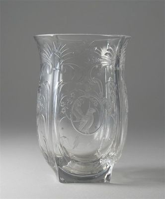 Appraisal: A glass beaker the four sides finely engraved with flower-filled