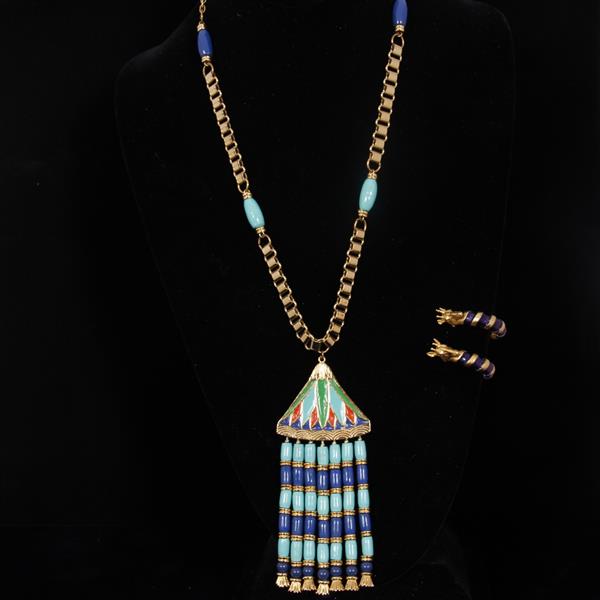 Appraisal: Hattie Carnegie pc Egyptian Revival Lapis and Turquoise Enamel Pendant