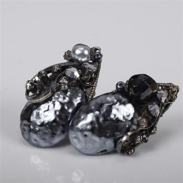 Appraisal: Miriam Haskell Silver Grey Baroque Pearl Clip Earrings Missing at