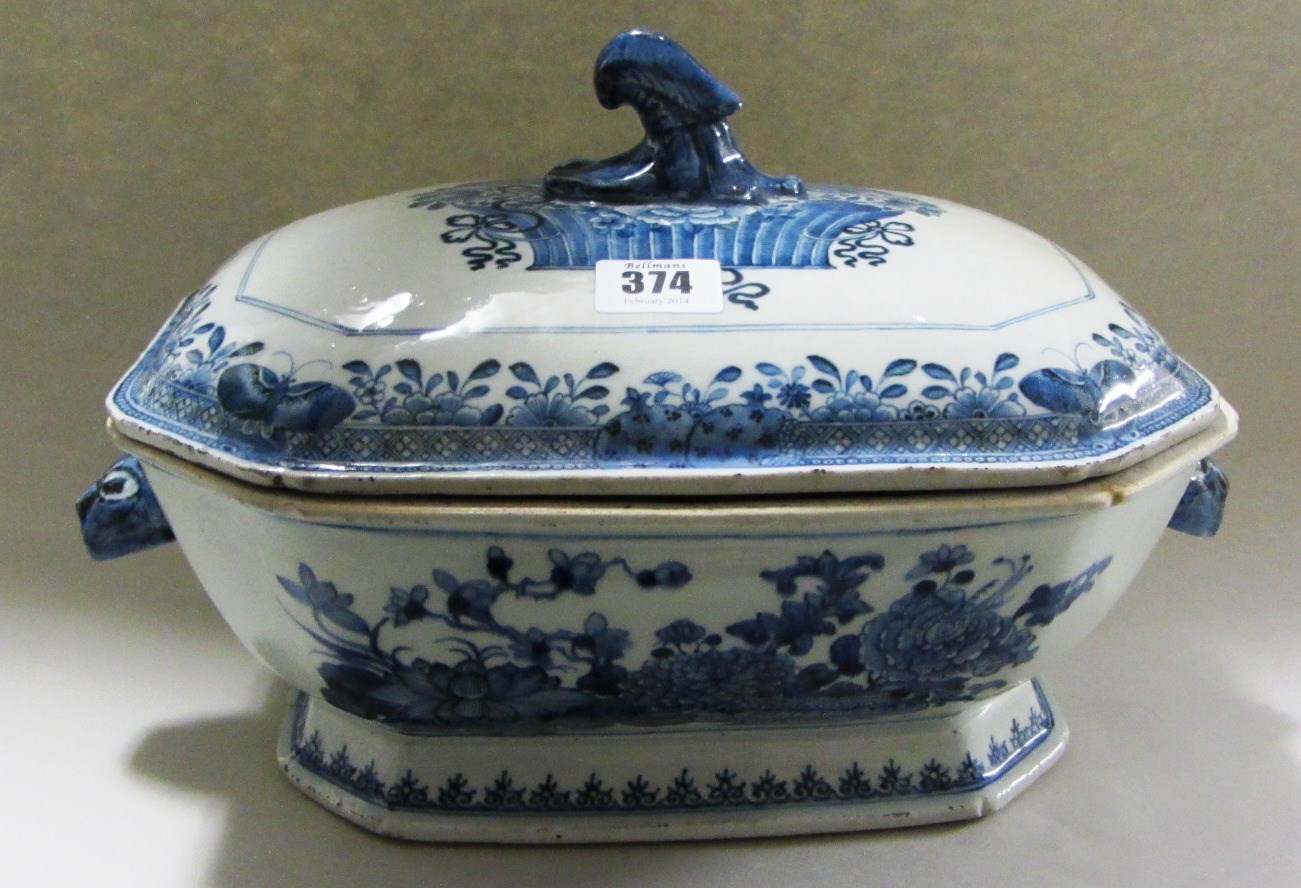 Appraisal: A Chinese export blue and white canted rectangular tureen and