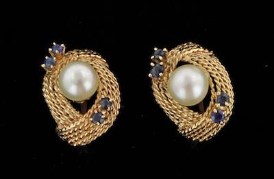 Appraisal: A Pair of Pearl and Sapphire Earclips k yellow gold