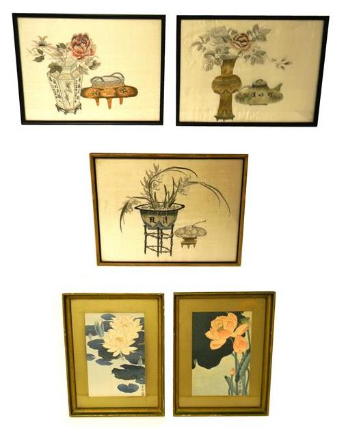 Appraisal: ASIAN three Chinese needlepoints and two Japanese woodblock prints each