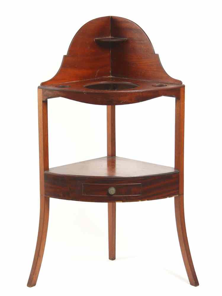 Appraisal: PERIOD WASHSTAND - American Hepplewhite Mahogany Corner Washstand having shaped