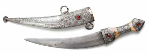 Appraisal: Mogul dagger with bone handle and jeweled silver tooled mounts