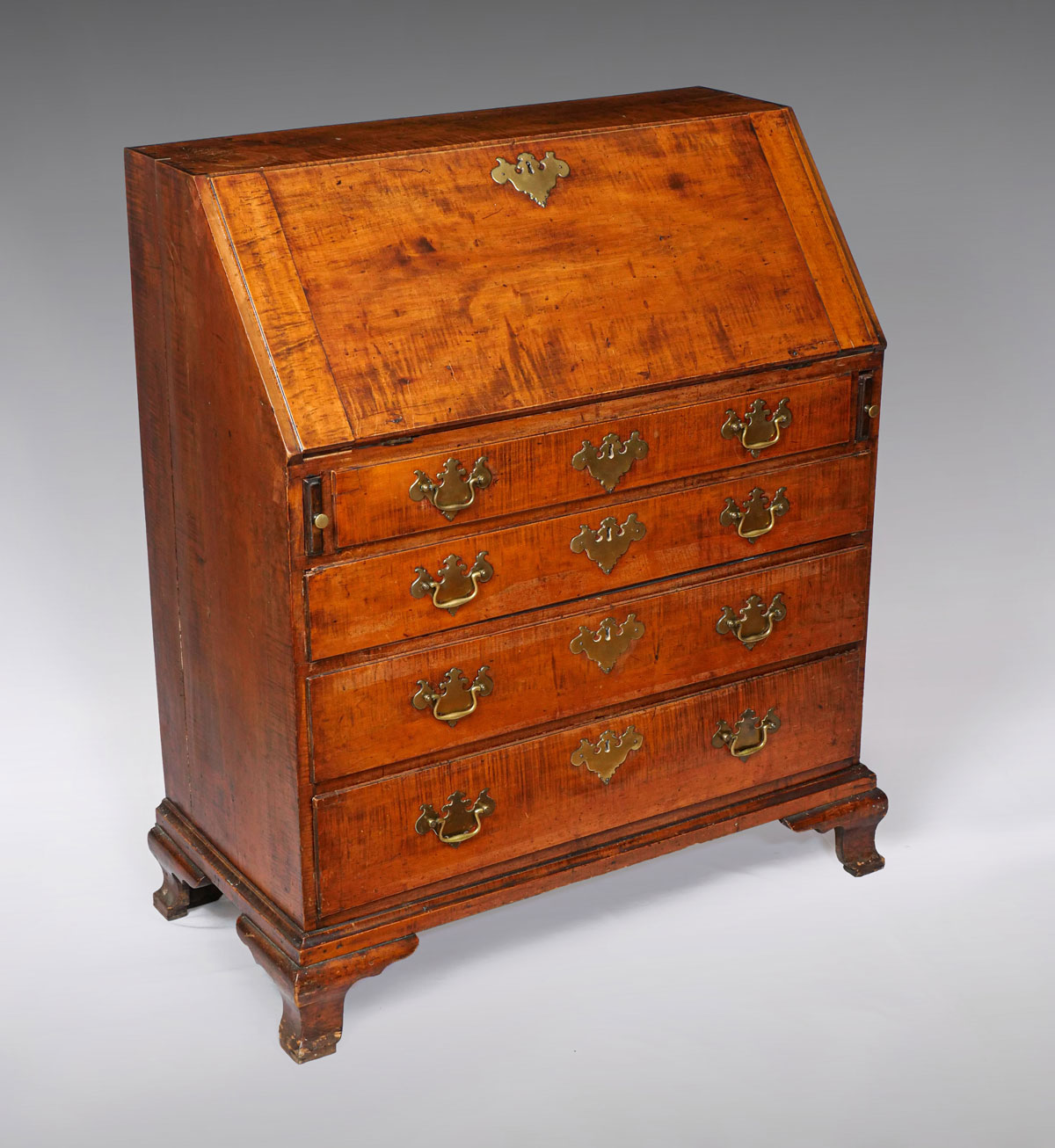 Appraisal: EARLY TIGER MAPLE DROP FRONT SECRETARY Tiger oak secretary having