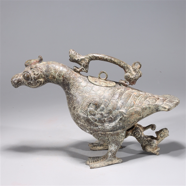 Appraisal: Chinese archaistic bronze bird vessel with cover with allover intricately