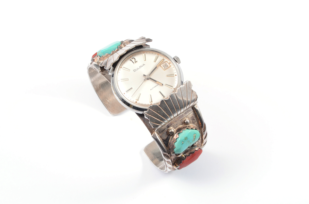 Appraisal: SIGNED ZUNI WATCH CUFF WITH BULOVA WATCH Silver turquoise and