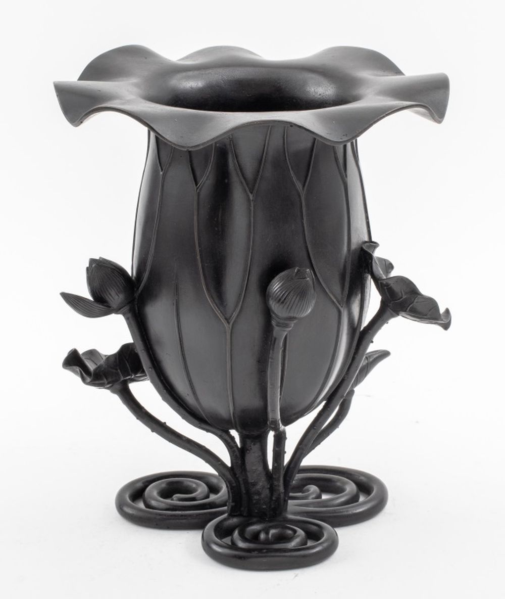 Appraisal: JAPANESE MEIJI BLACK BRONZE LOTUS VASE Japanese Meiji period lotus