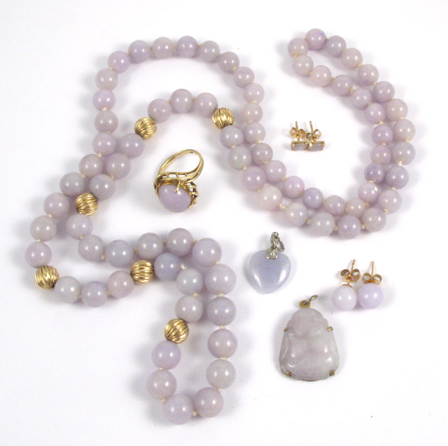 Appraisal: EIGHT ARTICLES OF LAVENDER JADE JEWELRY including a beaded necklace