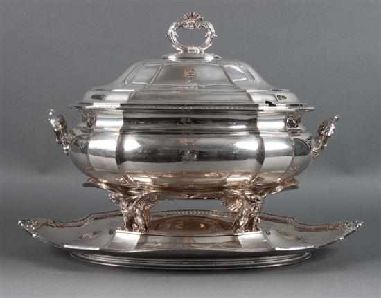 Appraisal: English Sheffield silver-plated copper tureen with cover and stand Elkington