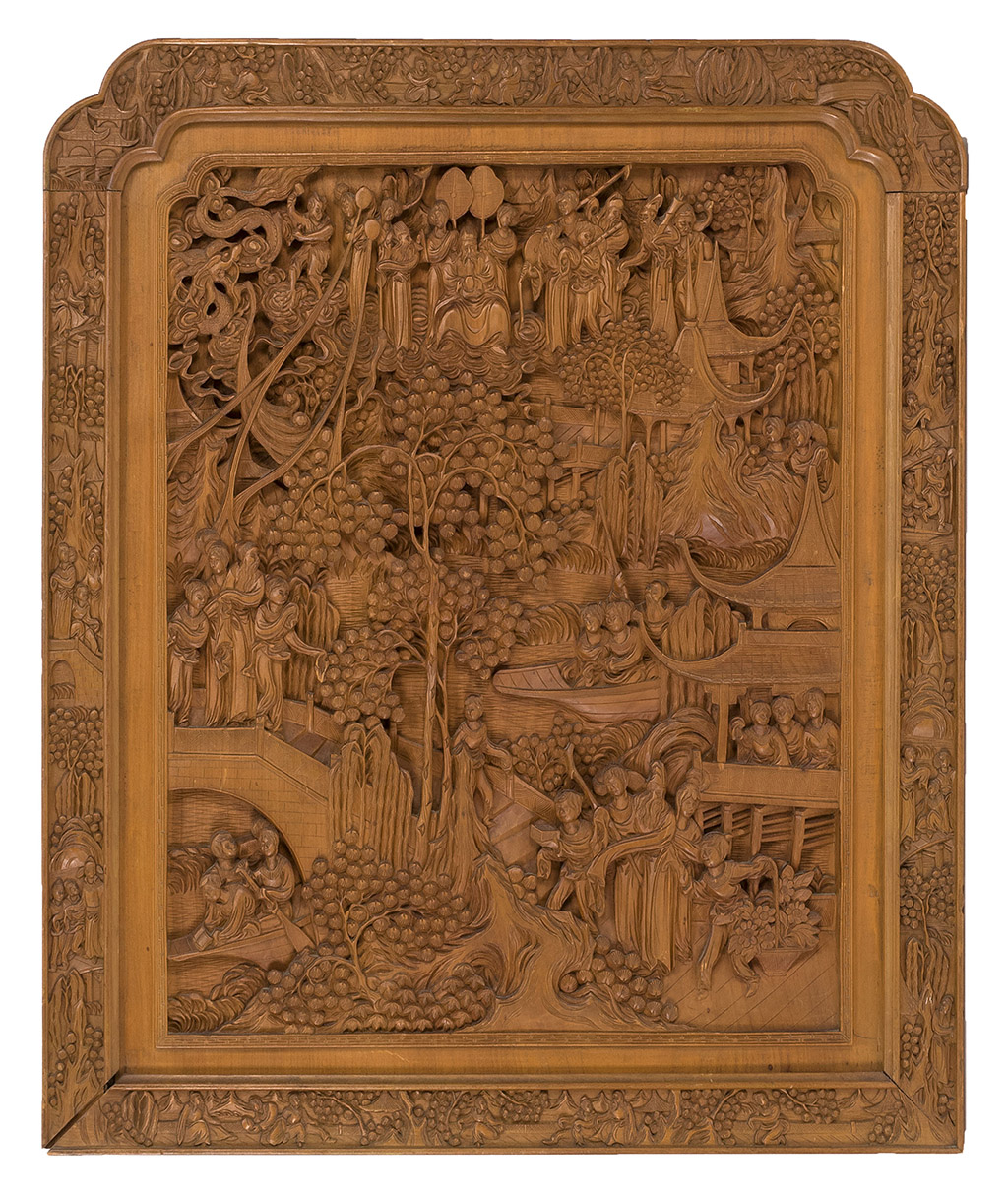 Appraisal: FRAMED SANDALWOOD PANEL Late th CenturyCarved with elaborate figural landscape