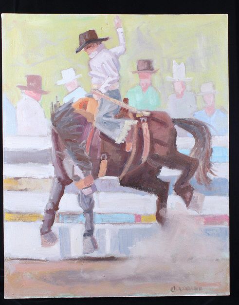 Appraisal: Bucking Bronco Signed Oil Painting on Canvas Featured in this