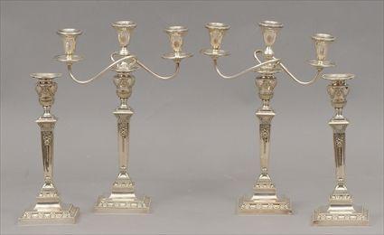 Appraisal: Four Adam-Style Silverplate Candlesticks Together with two unassociated three-branch inserts