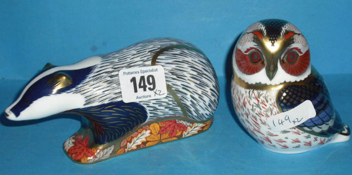 Appraisal: Royal Crown Derby Paperweights Woodland Badger And Tawney Owl Both