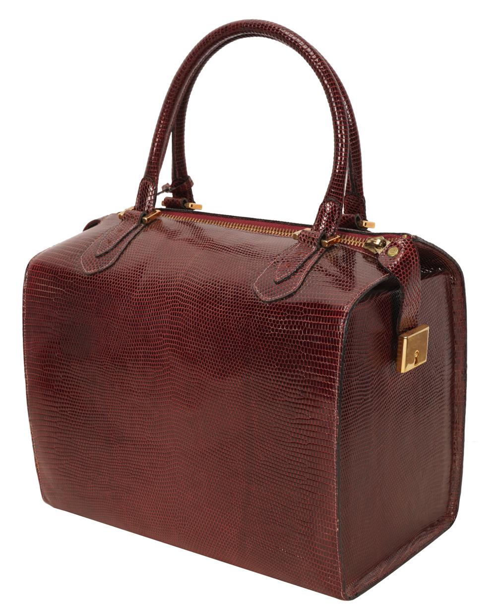 Appraisal: MARTIN VAN SHAAK BURGUNDY LIZARD BOX BAGwith zip-top and top