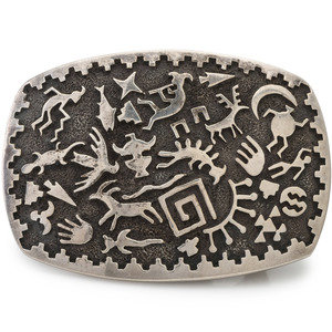 Appraisal: Ben Nighthorse Campbell Cheyenne b Silver Petroglyph Belt Buckle signed