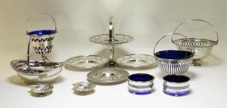 Appraisal: Sterling Silver Blue Glass Baskets and Trays MEXICO UNITED STATES