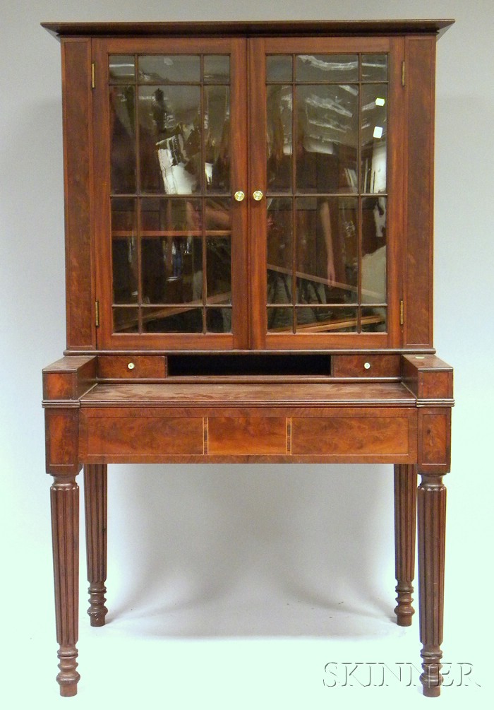 Appraisal: Sheraton Glazed Mahogany and Mahogany Veneer Writing Desk Bookcase the