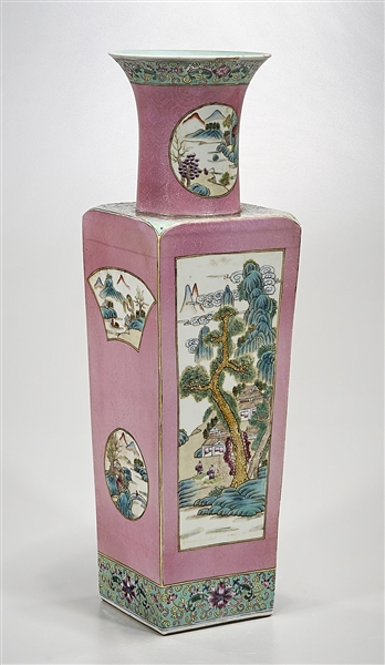 Appraisal: Chinese enameled porcelain four-faceted vase famille rose depicting landscape scenes