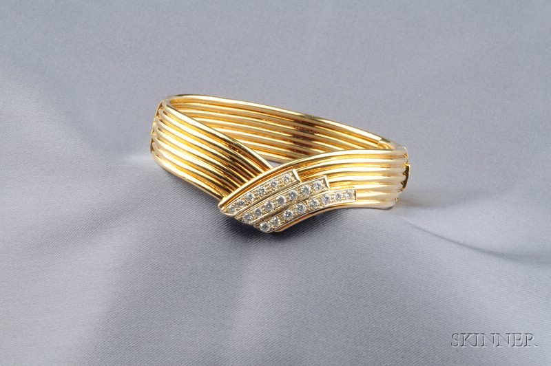 Appraisal: kt Gold and Diamond Bracelet Dorfman the shaped ribbed cuff