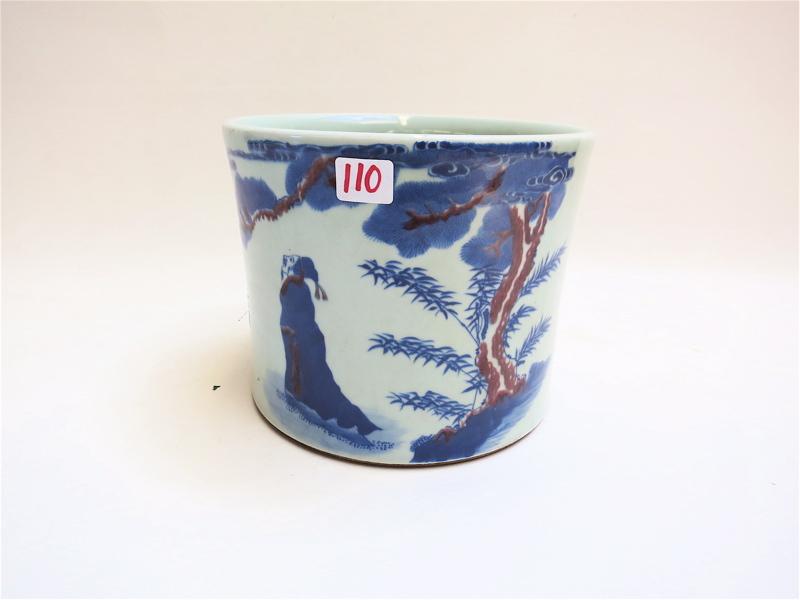 Appraisal: CHINESE PORCELAIN BRUSH POT blue and iron red underglaze decoration