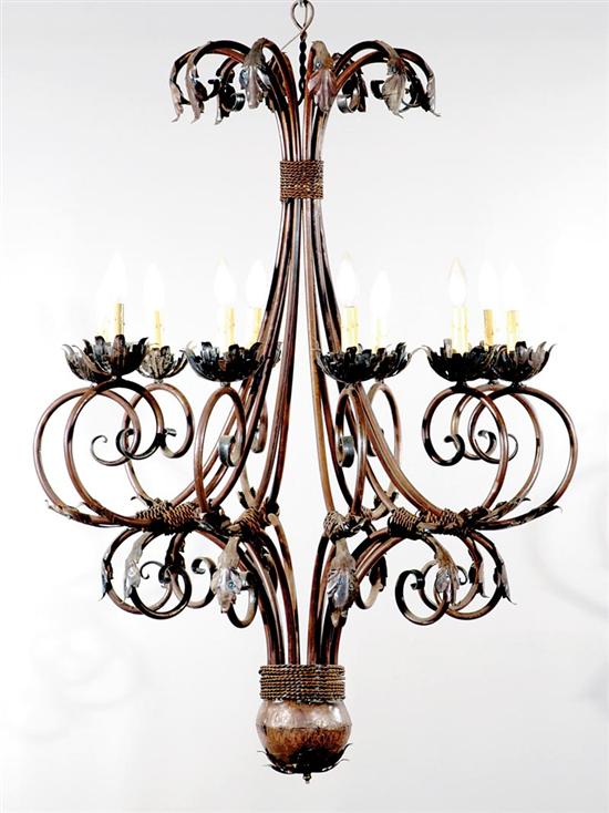 Appraisal: Wrought-metal ten-light chandelier scrolling leaf-design arms extending to spherical pendant